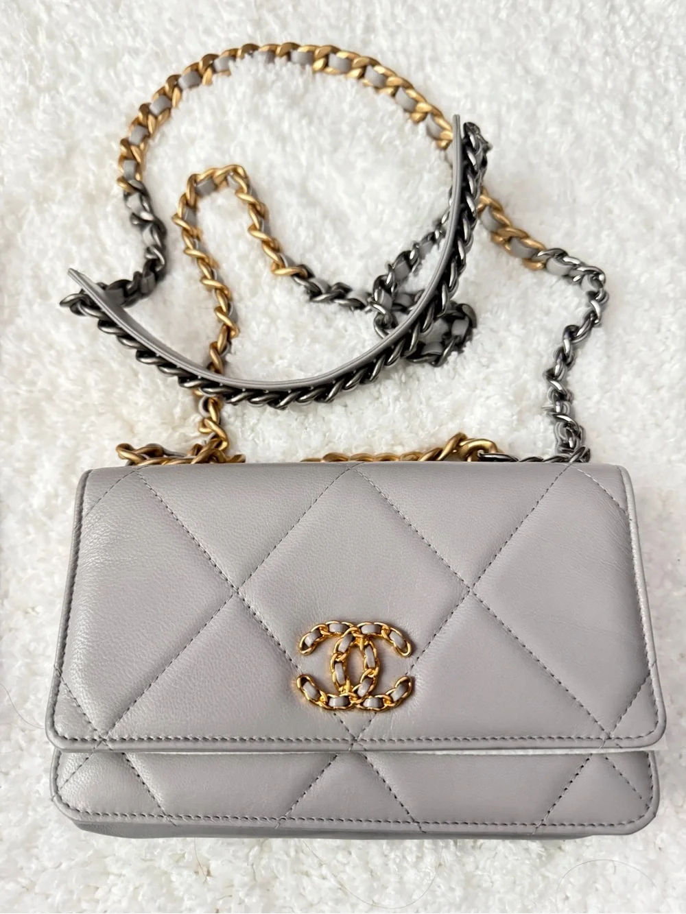 CHANEL Gray Quilted Leather Crossbody with Gold Chain